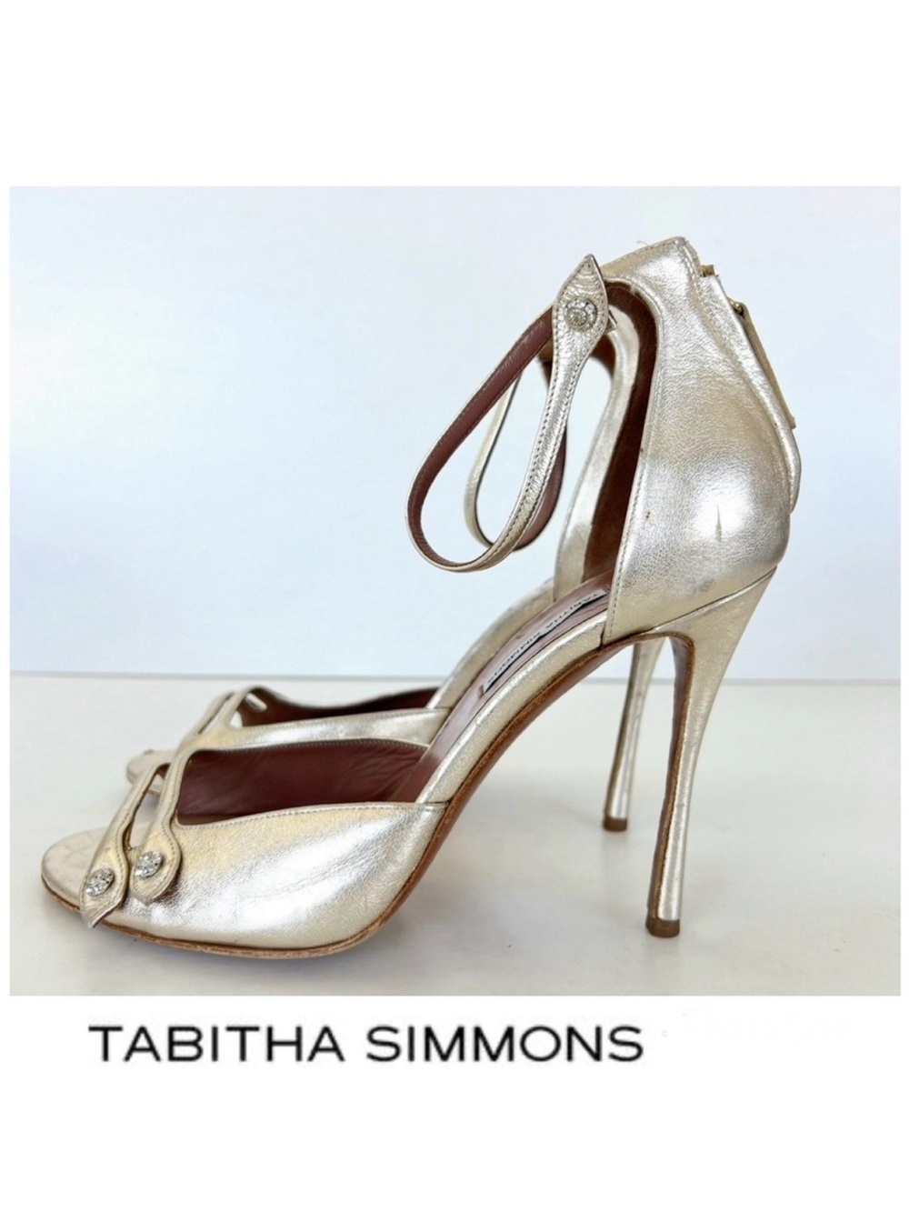 TABITHA SIMMONS D'orsay Metallic Leather Crystal Stud Open Toe Sandal Heel Sz 40
